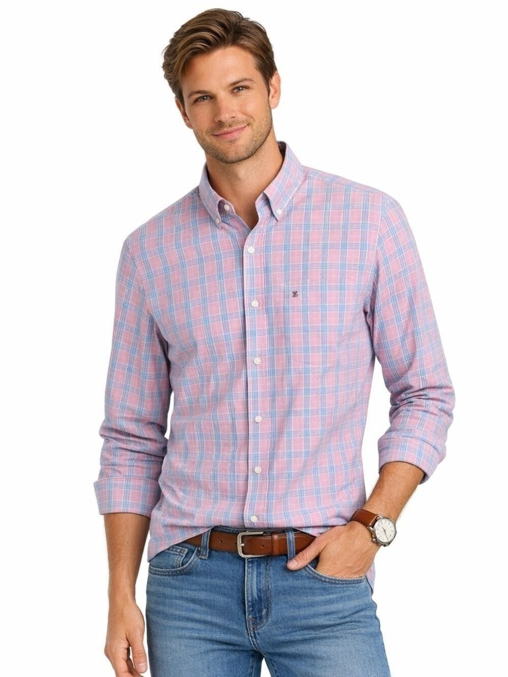 IZOD Men's Long sleeved Button Down 100% Cotton Plaid Shirt Size Small